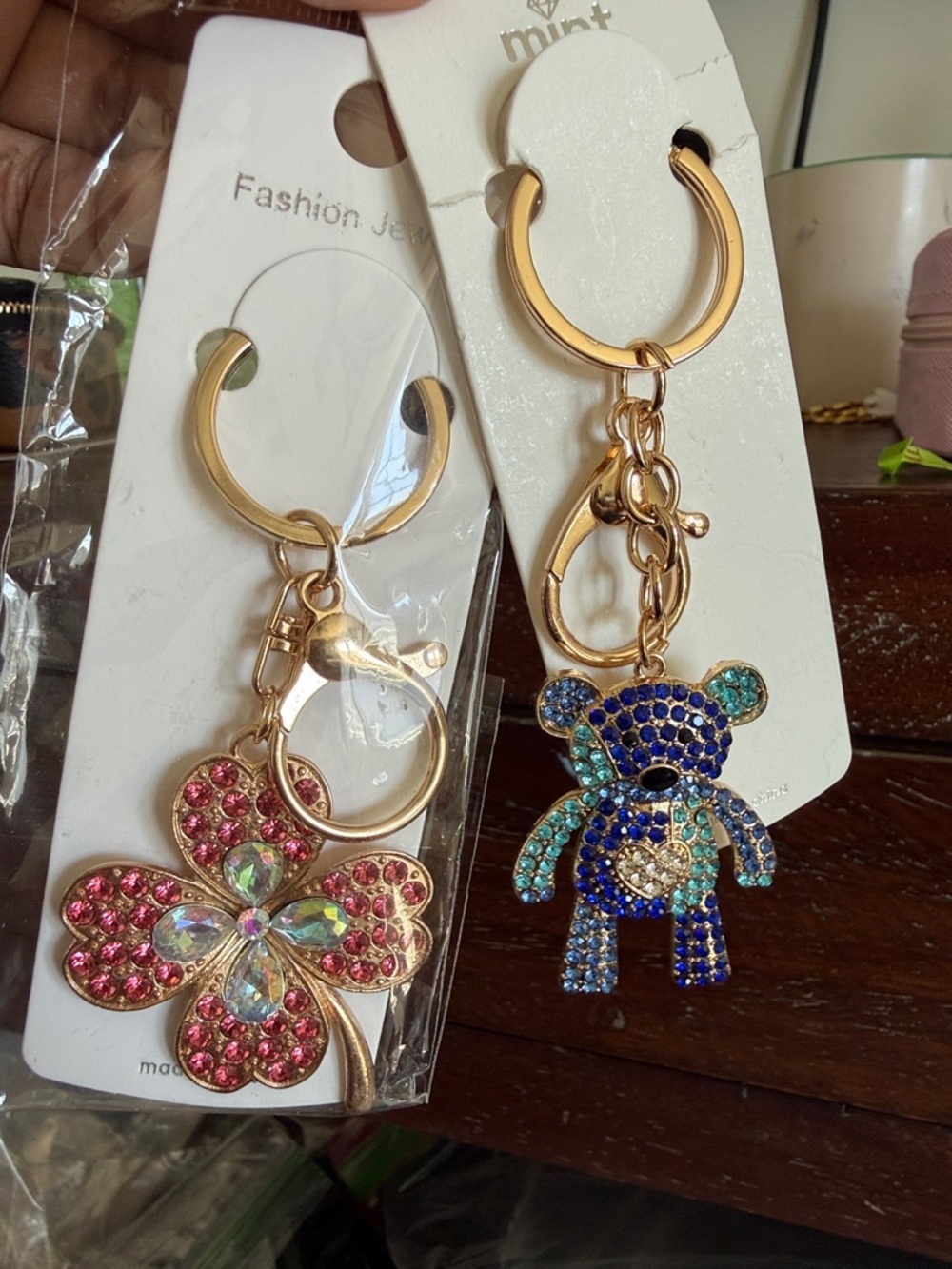 mint Gold-Tone Blue Crystal Teddy Keychain - mint